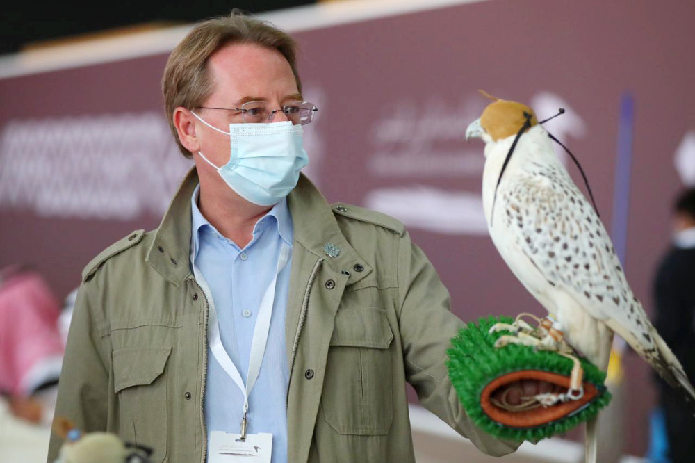 French Ambassador Ludovic Pouille  at the King Abdul Aziz Falconry Festival site in Riyadh. (SPA)