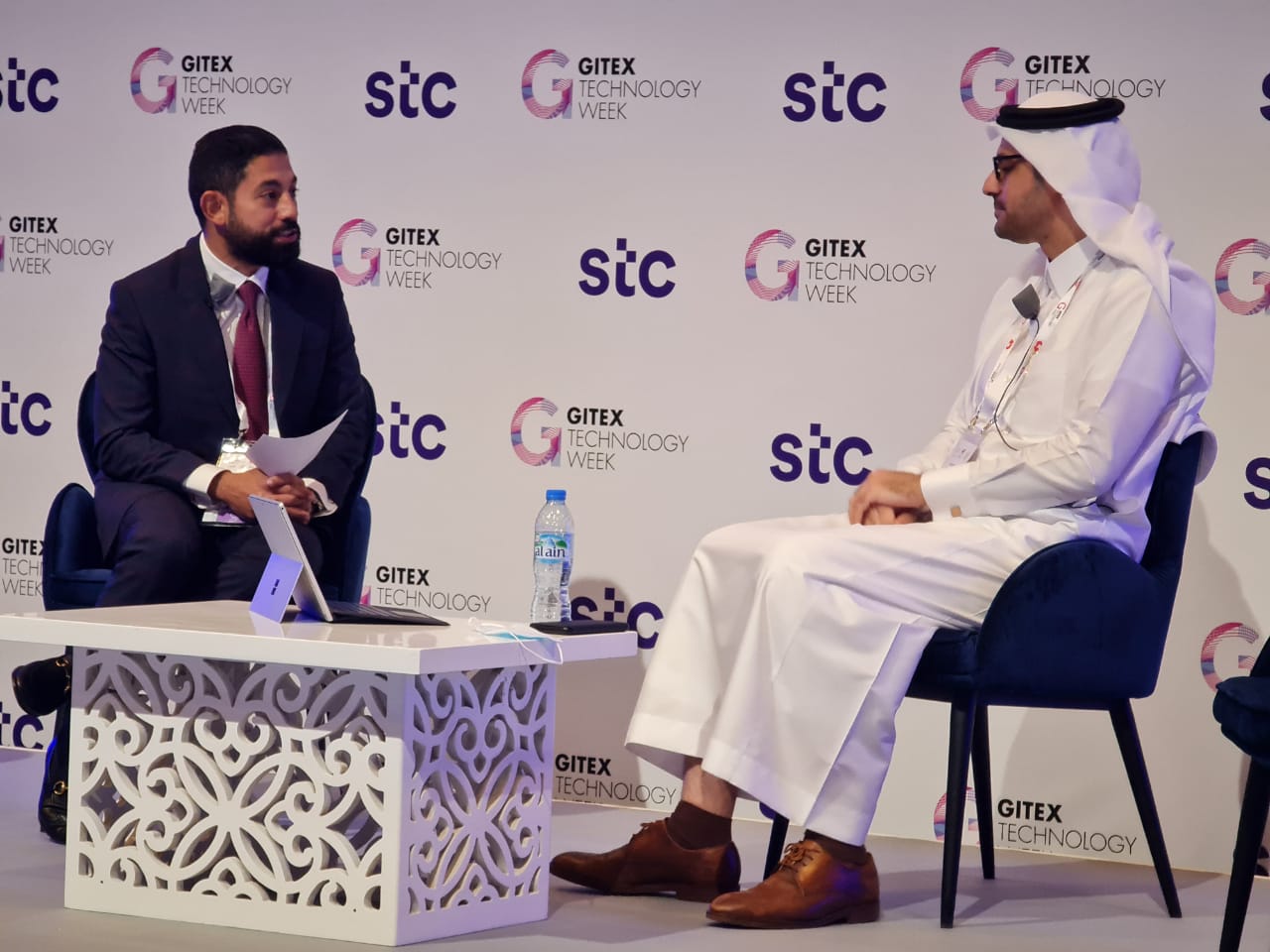 Majid Al-Shehry, Strategic Advisor at the Saudi Arabia Data and Artificial Intelligence Authority (SDAIA) (R) was talking at the opening day of GITEX in Dubai. (AN Photo/One Carlo Diaz)