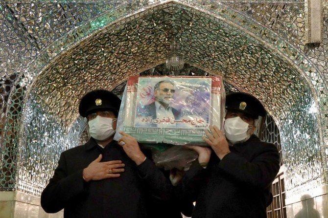 The funeral of Iran’s assassinated top nuclear scientist Mohsen Fakhrizadeh in Mashhad. (AFP/File)