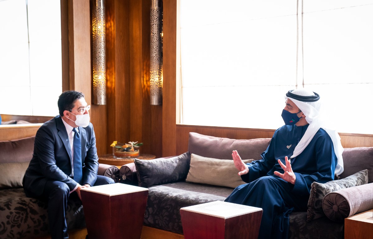 UAE’s Minister of Foreign Affairs and International Cooperation Sheikh Abdullah bin Zayed and his Moroccan counterpart Nasser Bourita held talks in the capital Rabat on Thursday, Jan. 21, 2021. (WAM)