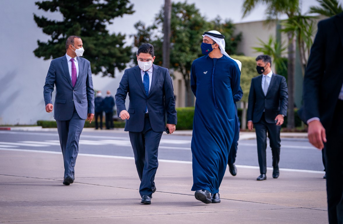 UAE’s Minister of Foreign Affairs and International Cooperation Sheikh Abdullah bin Zayed and his Moroccan counterpart Nasser Bourita held talks in the capital Rabat on Thursday, Jan. 21, 2021. (WAM)