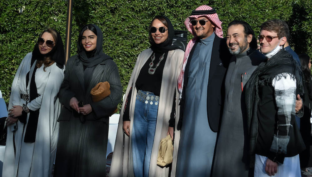 Princes Safia pictured with guests of the private event, pictured left to right, Mona Al-Haddad, Ameera Al-Taweel, Dominique Mineaur, Princess Safia Hussein Guerras, Prince Khalid Al-Faisal, Loai Naseem, Christophe Beaufays. (AN Photo/Basheer Saleh)