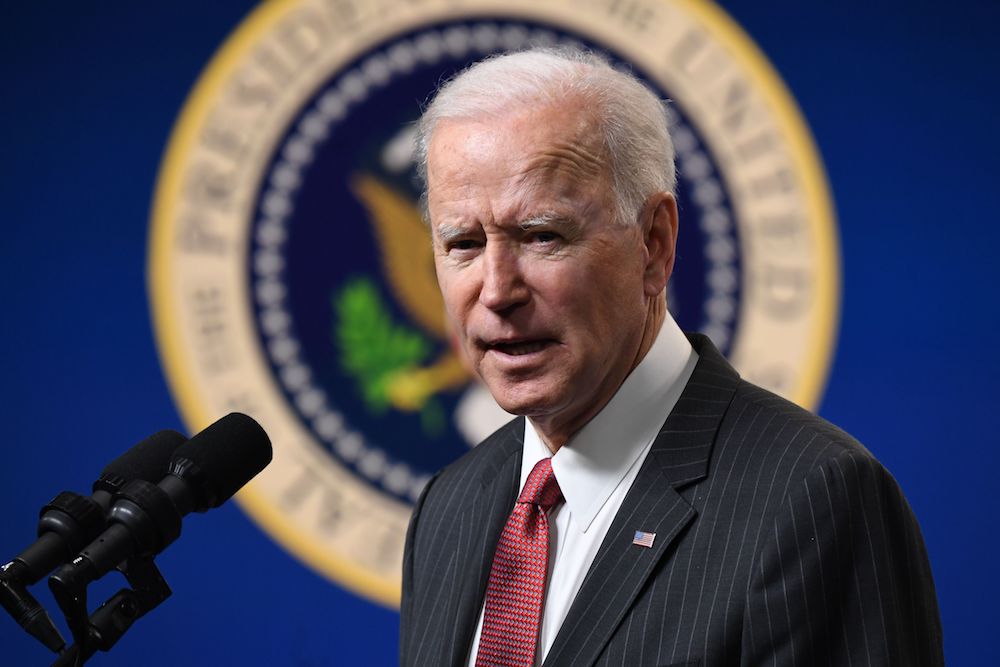 US President Joe Biden speaks about the situation in Myanmar in the South Court Auditorium of the Eisenhower Executive Office Building in Washington, DC, on February 10, 2021. (AFP/File Photo)