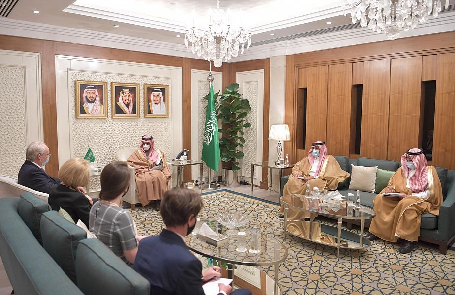 Saudi Arabia’s foreign minster Prince Faisal bin Farhan received new US envoy to Yemen, Tim Lenderking, in the capital Riyadh on Wednesday, Feb. 10, 2021. (SPA)