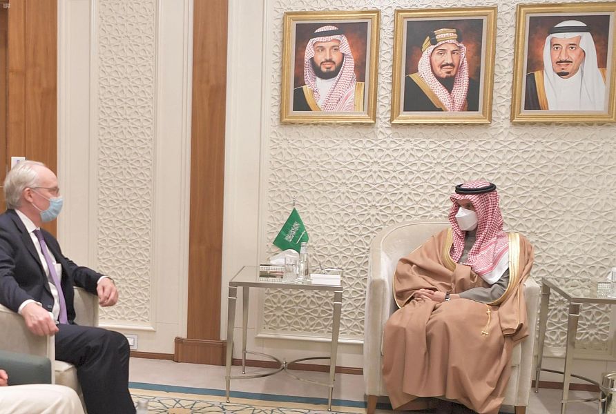 Saudi Arabia’s foreign minster Prince Faisal bin Farhan received new US envoy to Yemen, Tim Lenderking, in the capital Riyadh on Wednesday, Feb. 10, 2021. (SPA)