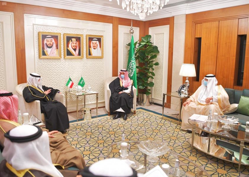 The letter was received by foreign minister Prince Faisal bin Farhan during a meeting with his Kuwaiti counterpart Sheikh Ahmed Nasser Al-Sabah, who arrived in Riyadh on an official visit on Tuesday, Feb. 16, 2021. (SPA)