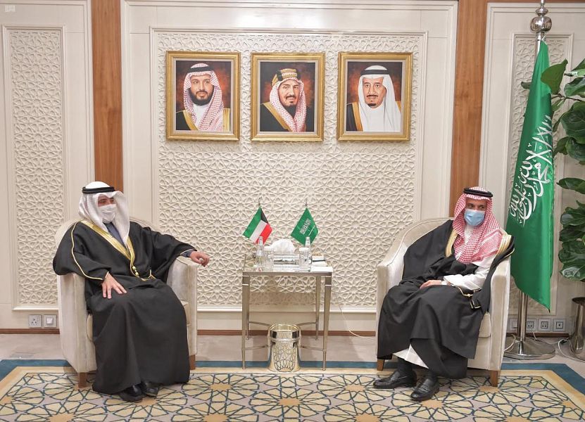 The letter was received by foreign minister Prince Faisal bin Farhan during a meeting with his Kuwaiti counterpart Sheikh Ahmed Nasser Al-Sabah, who arrived in Riyadh on an official visit on Tuesday, Feb. 16, 2021. (SPA)