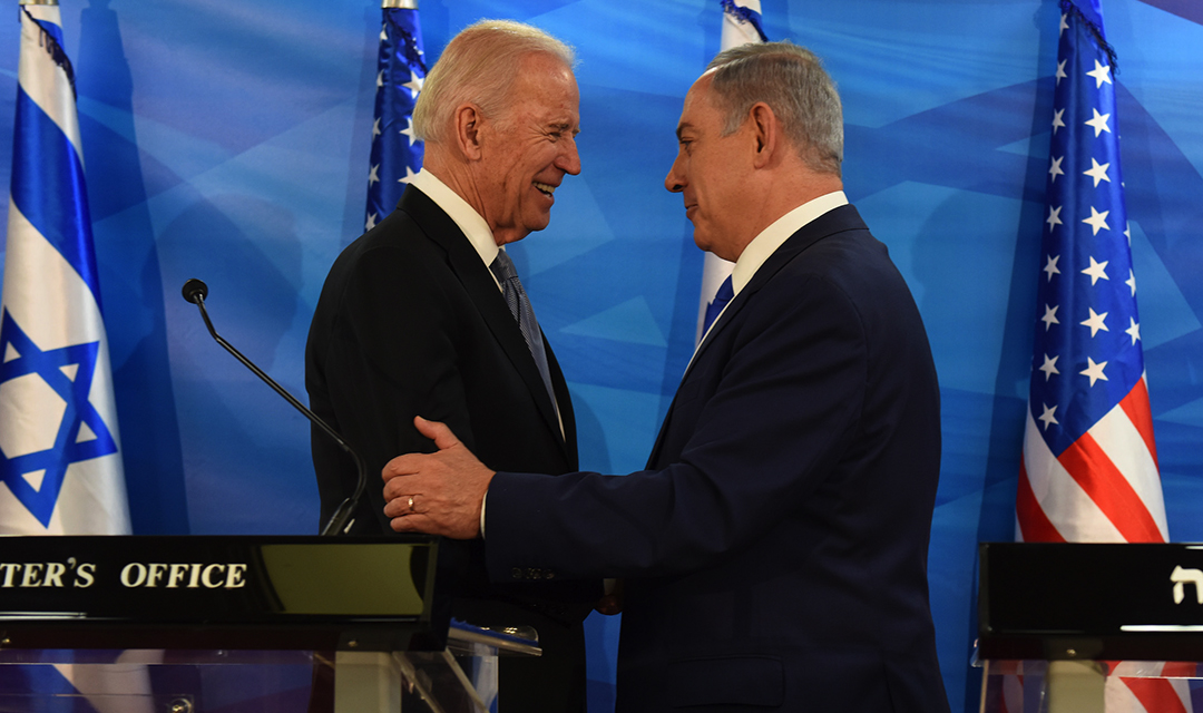 Then-Vice President Joe Biden (L) and Israeli Prime Minister Benjamin Netanyahu shake hands while giving joint statements at the Prime Minister’s Office in Jerusalem, March 9, 2016. (Debbie Hill/AFP via Getty Images via JTA)