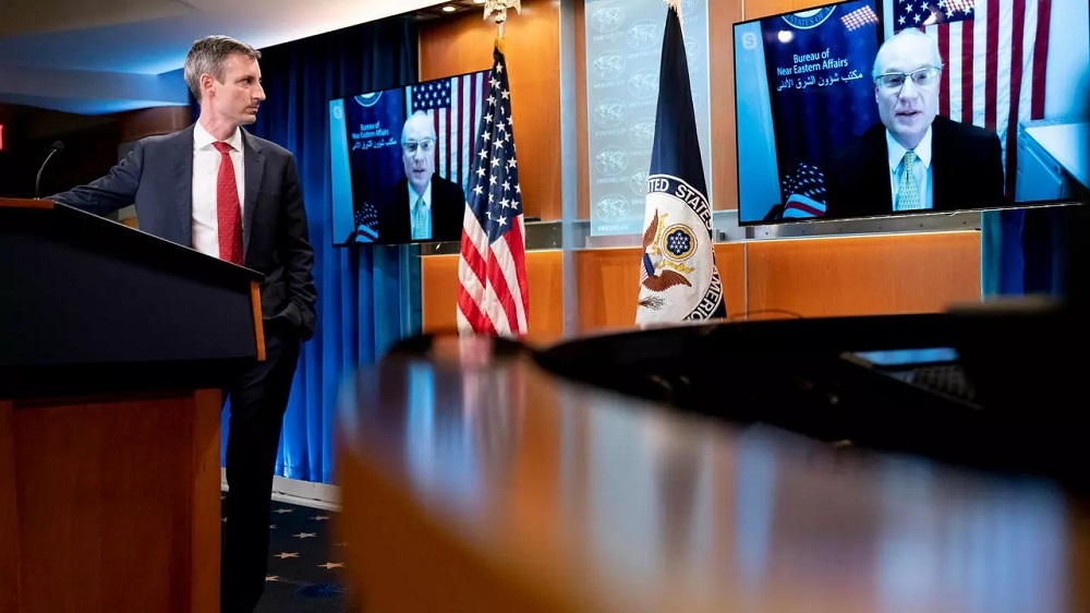 US special envoy for Yemen Tim Lenderking speaks via teleconference during a news conference on Feb. 16, 2021 as State Department spokesman Ned Price looks on. (File/AFP)