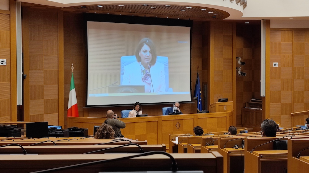 Foreign Minister Najla El-Mangoush, Libya’s first woman foreign minister, speaking in a hearing of the Italian Chamber of Deputies’ foreign affairs committee attended by Arab News. (AN Photo/Francesco Bongarrà)