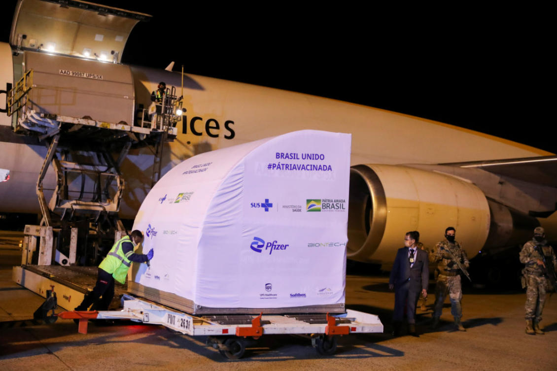 Pfizer-BioNTech vaccines against the COVID-19 are unloaded from an airplane at Viracopos International Airport in Campinas, Brazil, on April 29, 2021. (REUTERS/Amanda Perobelli)