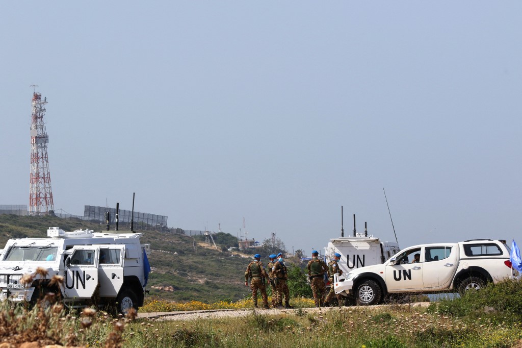 A patrol unit of the United Nations peacekeeping force in Lebanon (UNIFIL) is stationed in the southernmost Lebanese town of Naqura by the border with Israel. (AFP/File Photo)