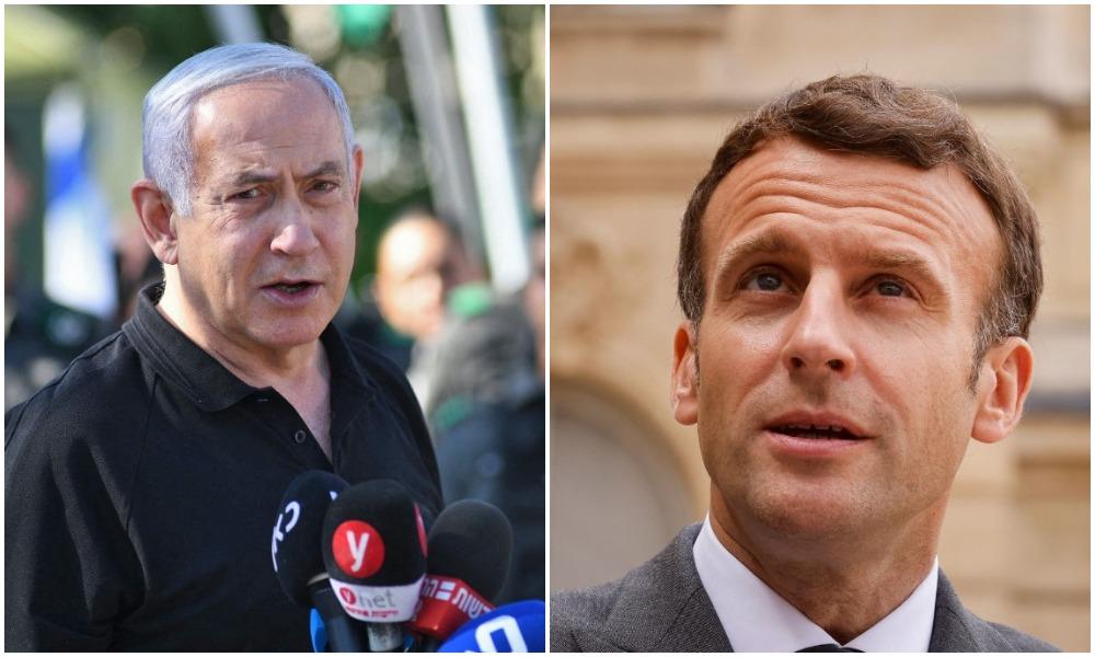 French President Emmanuel Macron spoke with Israeli Prime Minister Benjamin Netanyahu on Friday. (AFP)