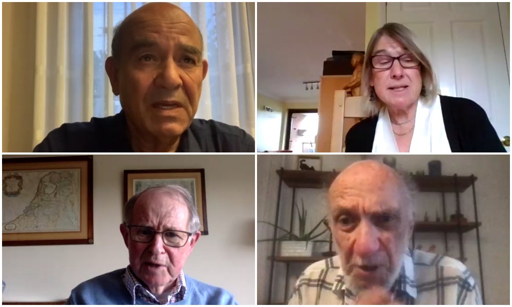 Clockwise from top left: Raji Sourani; Prof. Christine Chinkin; Prof. Richard Falk; and Prof. John Dugard. (Screenshot/Cambridge Centre for Palestine Studies)