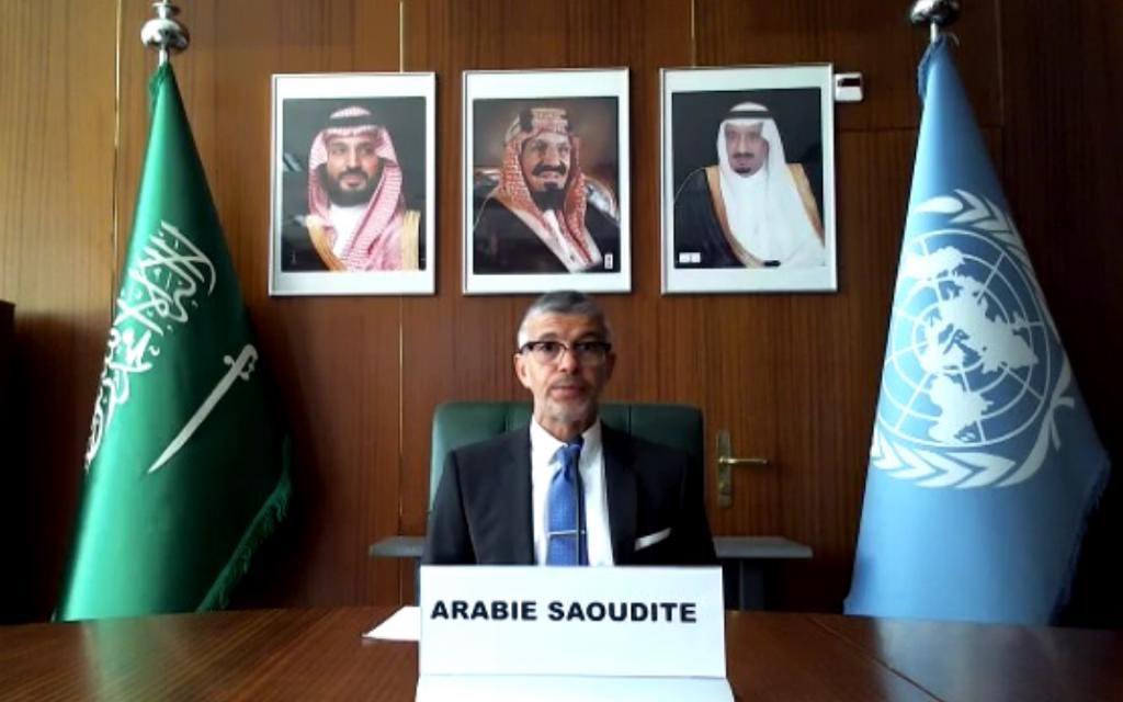 Saudi Arabia’s ambassador to the UN in Geneva Abdul Aziz Al-Wasel attended a special session of the UN Human Rights Council to discuss recent events in the Palestinian territories. (Twitter/@KSAPermanentGVA)