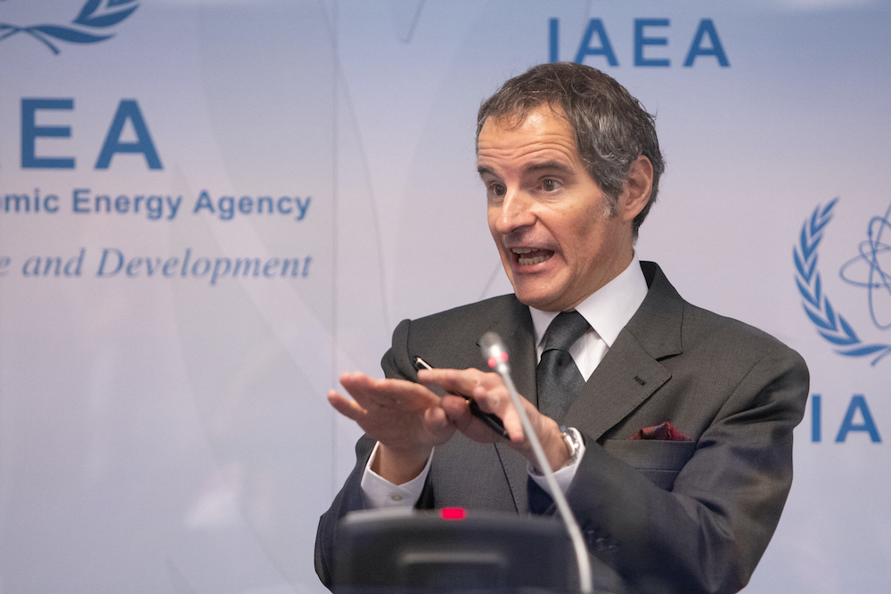 Rafael Grossi, director general of the International Atomic Energy Agency (IAEA), speaks during a press conference at the agency’s headquarters in Vienna, Austria on May 24, 2021. (AFP)