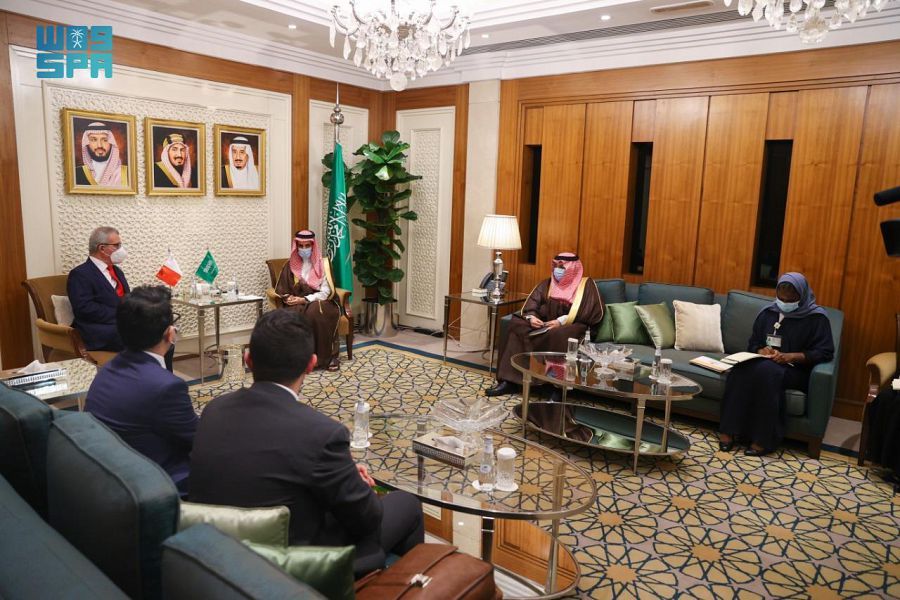 Saudi Arabia’s Foreign Minister Prince Faisal bin Farhan meets with his Maltese counterpart Evarist Bartolo. (SPA)