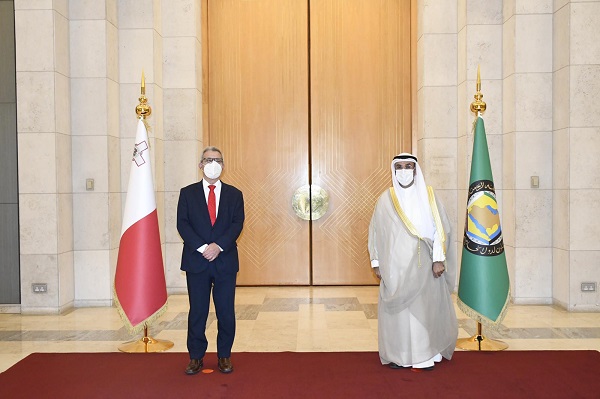 Secretary General of the Gulf Cooperation Council Nayef Al-Hajraf meets Malta’s Foreign Minister Evarist Bartolo. (GCC)