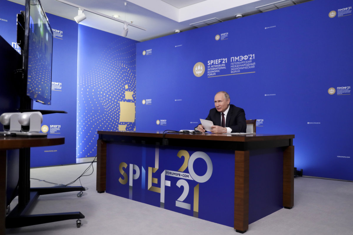 Russian President Vladimir Putin speaks during a meeting with chief executives of foreign companies via video conference at the SPIEF on June 4, 2021. (Sputnik Pool Photo via AP)