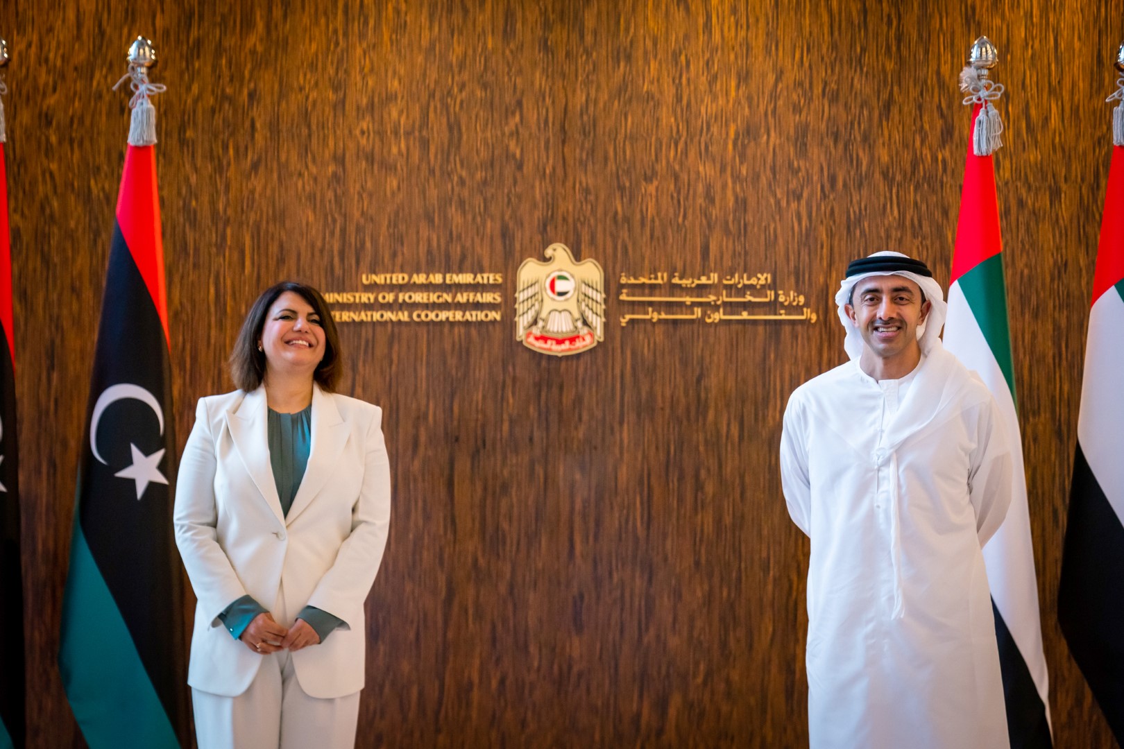 UAE Foreign Minister Abdullah bin Zayed meets Libyan counterpart Najla Mangoush. (WAM)