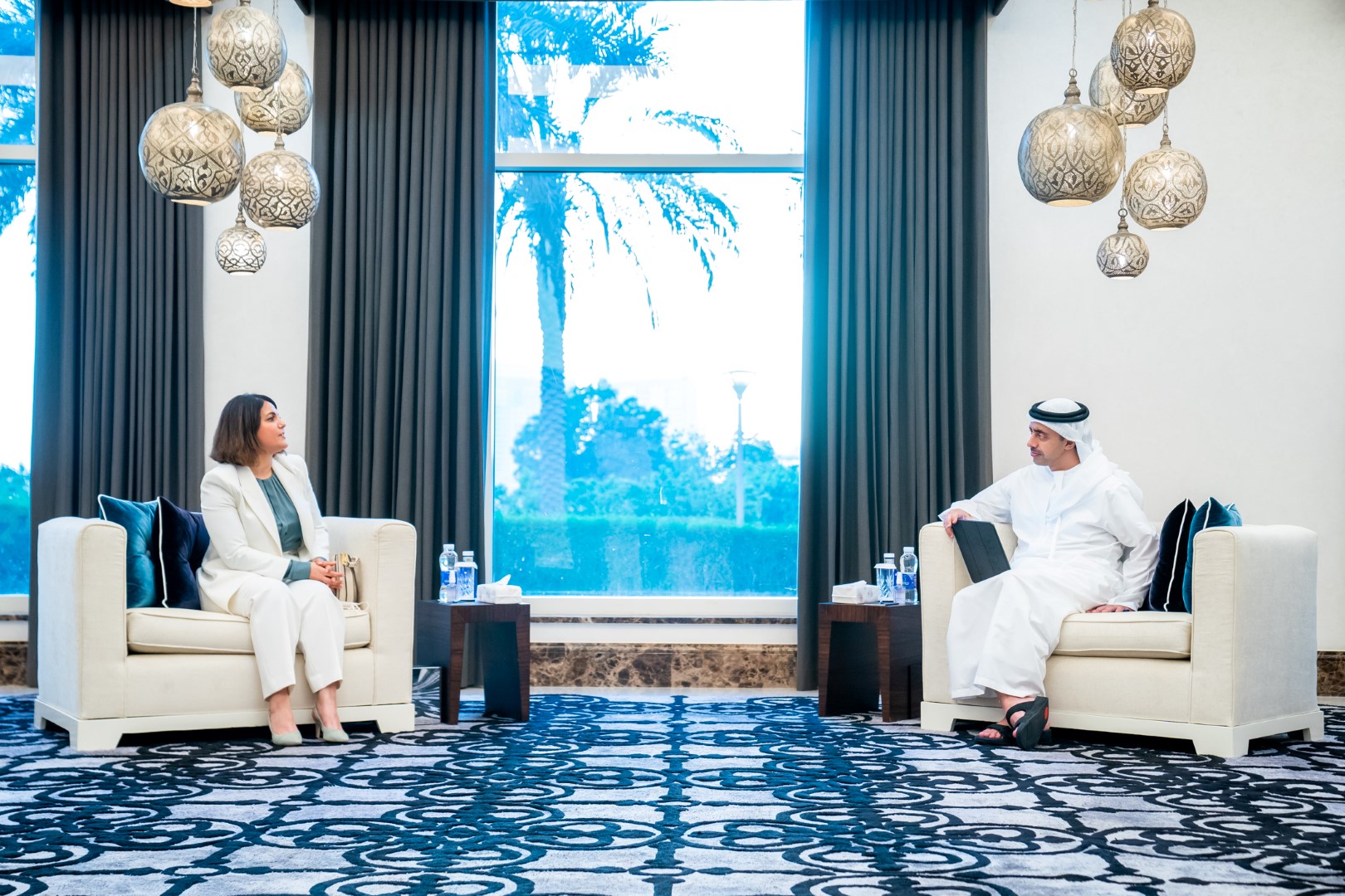 UAE Foreign Minister Abdullah bin Zayed meets Libyan counterpart Najla Mangoush. (WAM)