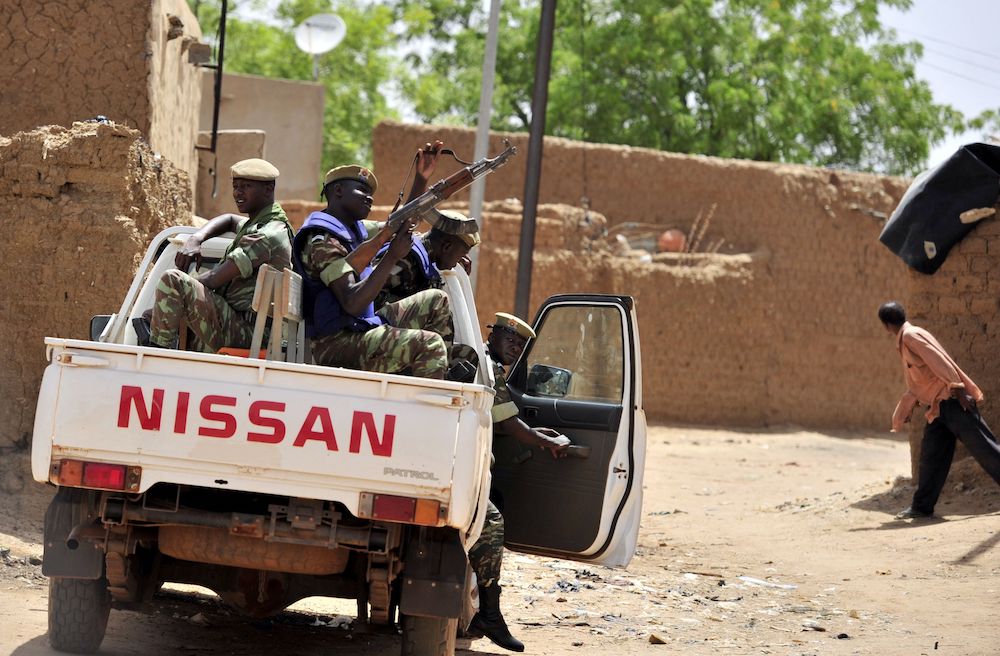 Burkinabe soldiers patrol in a pick-up car in Gorom-Gorom, northern Burkina Faso. (File/AFP)