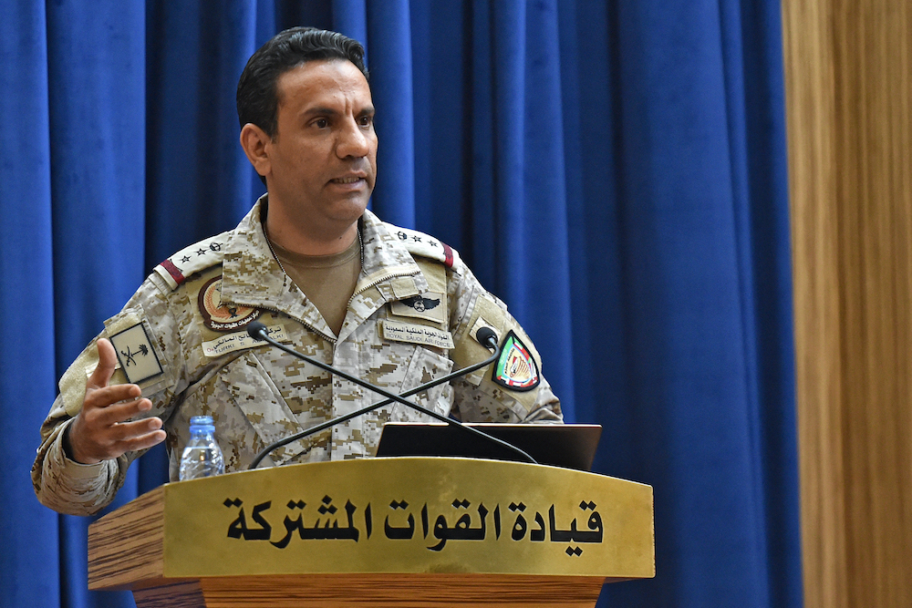 Spokesman of Arab coalition Col. Turki Al-Maliki gestures during a press conference in the Saudi capital Riyadh. (File/AFP)