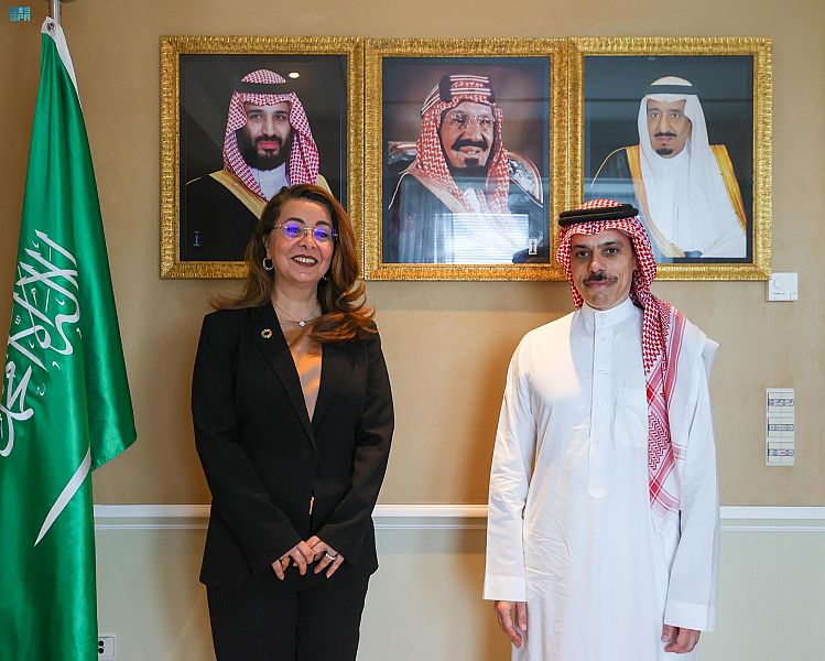 Saudi Foreign Minister Prince Faisal bin Farhan meets Under-Secretary-General of the UN and Executive Director of the UNODC Ghada Waly. (SPA)