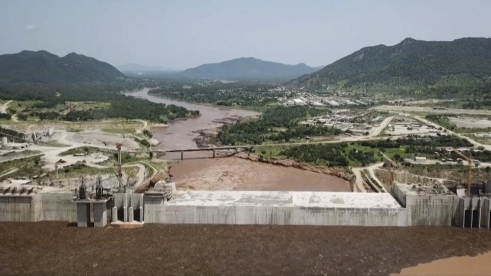 This frame grab from a video shows an aerial view of water levels at the Grand Ethiopian Renaissance Dam in Guba, Ethiopia. (File/Ethiopian Public Broadcaster(EBC)/AFP)