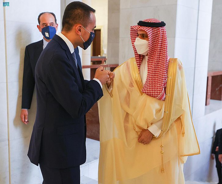 Saudi Arabian Foreign Minister Prince Faisal bin Farhan meets his Italian counterpart Luigi Di Maio in Rome. (SPA)