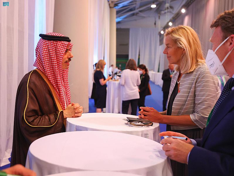 Saudi Arabian Foreign Minister Prince Faisal bin Farhan meets his Dutch counterpart Sigrid Kaag in Rome. (SPA)