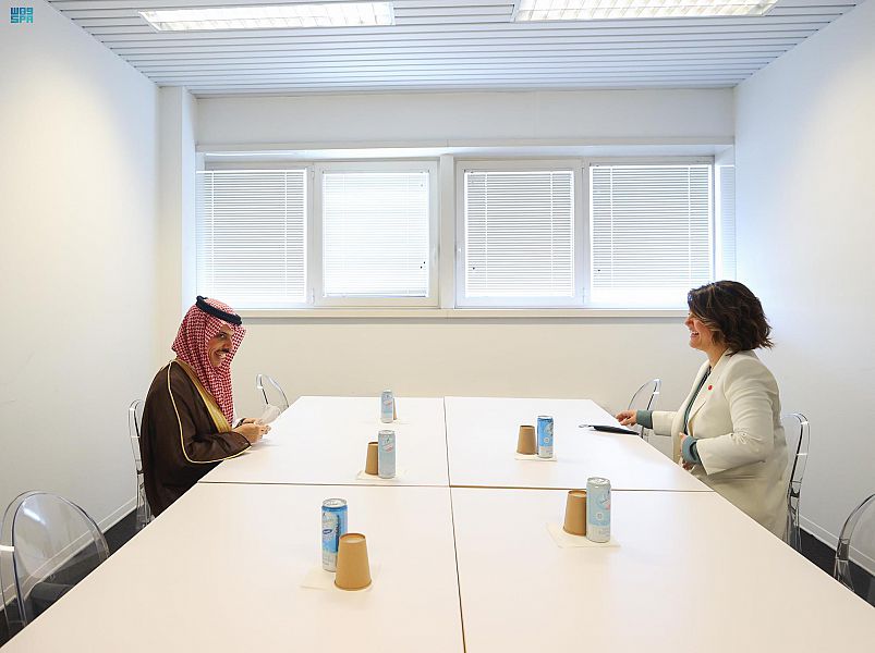 Saudi Arabian Foreign Minister Prince Faisal bin Farhan meets his Libyan counterpart Najla Mangoush in Rome. (SPA)