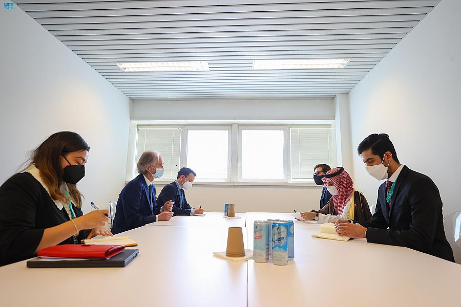 Saudi Arabian Foreign Minister Prince Faisal bin Farhan meets UN special envoy for Syria Geir Pedersen in Rome. (SPA)