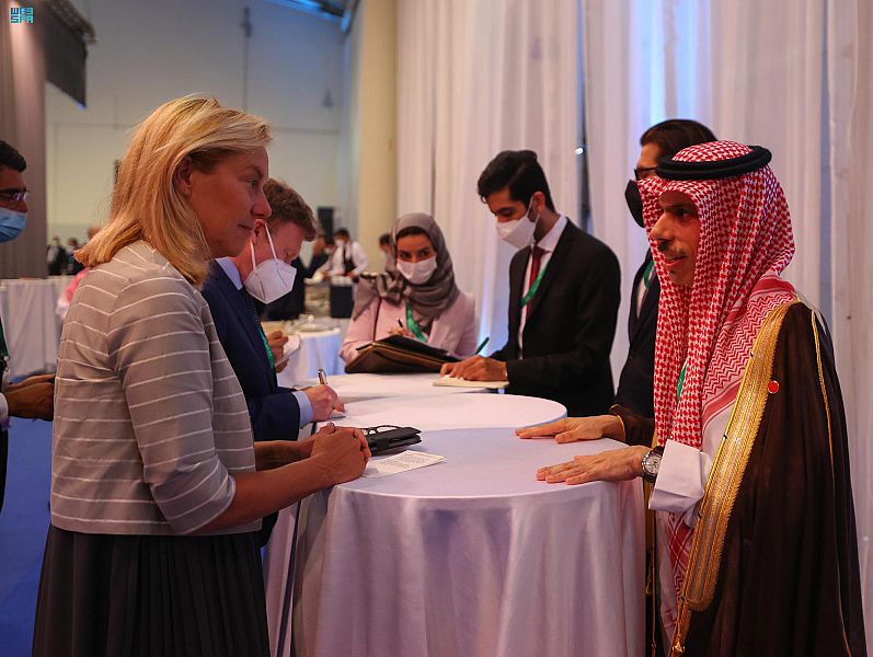 Saudi Arabian Foreign Minister Prince Faisal bin Farhan meets his Dutch counterpart Sigrid Kaag in Rome. (SPA)
