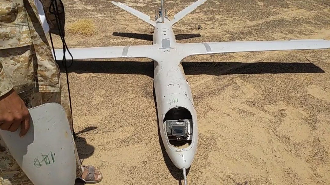 A Houthi drone downed by Arab Coalition air defenses in Marib, Yemen,with Coalition forces in the city of Marib, Yemen, in May is shown in this file photo. (Supplied)