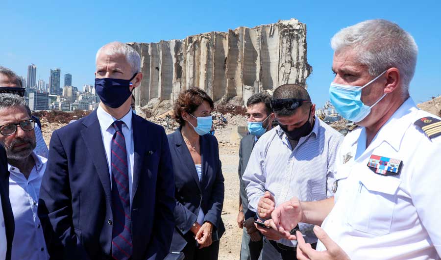 French Minister Delegate for Foreign Trade and Economic Attractiveness Franck Riester tours the site of the August 4, 2020 explosion at Beirut port, Lebanon July 13, 2021. (REUTERS)