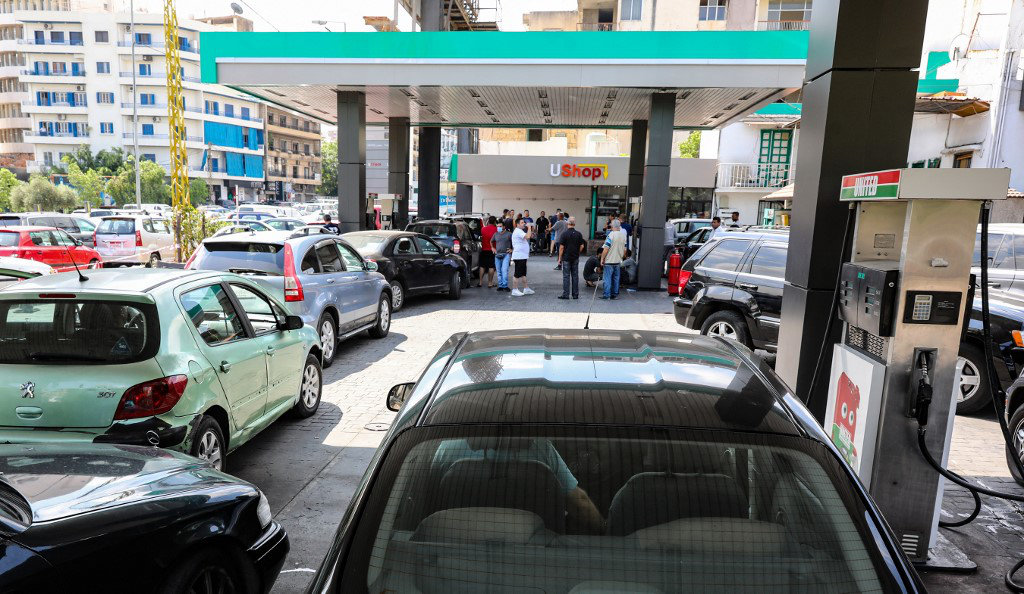 People queue for fuel at a gas station in Zalka, Lebanon, earlier this month. Fuel has become the latest casualty of a complex web of crises that have drained Lebanon’s foreign currency reserves. (Reuters)