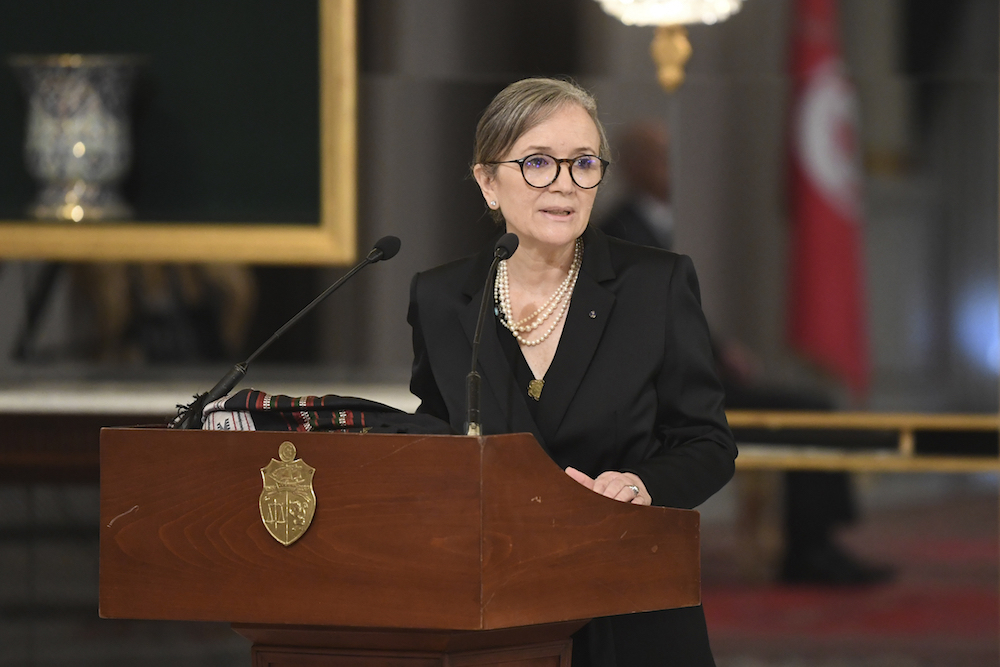 Tunisian Prime Minister Najla Bouden talks during the the swearing-in ceremony of the new government, Monday, Oct.11, 2021 in Tunis. (Tunisian Presidency via AP)