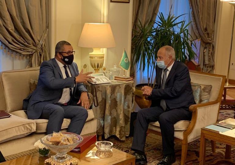 UK Minister for Middle East and North Africa in the Foreign, Commonwealth and Development Office James Cleverly meets with Ahmed Aboul Gheit, secretary-general of the Arab League. (Twitter/@JamesCleverly)