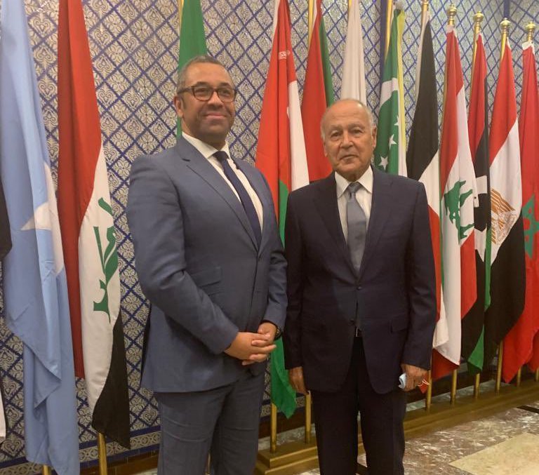 UK Minister for Middle East and North Africa in the Foreign, Commonwealth and Development Office James Cleverly meets with Ahmed Aboul Gheit, secretary-general of the Arab League. (Twitter/@JamesCleverly)