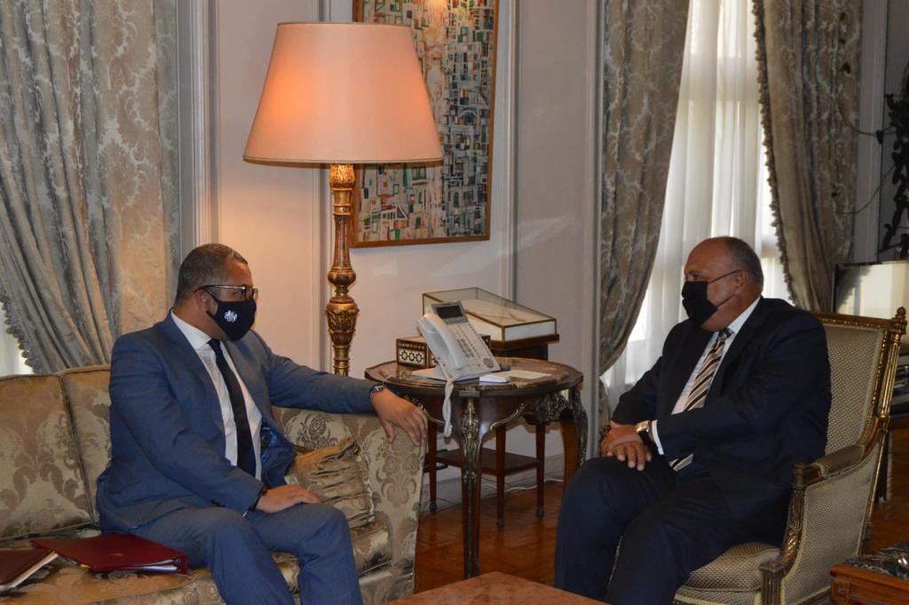 UK Minister for Middle East and North Africa in the Foreign, Commonwealth and Development Office James Cleverly meets with Egyptian Foreign Minister Sameh Shoukry. (Twitter/@JamesCleverly)