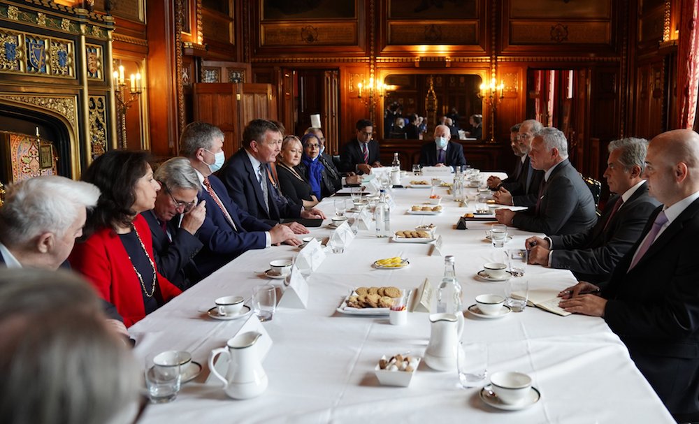 Jordan’s King Abdullah II meets with meets with members of the All-Party Parliamentary Jordan Group at the Palace of Westminster in London on Thursday, Oct. 28, 2021. (Twitter/RHCJO)