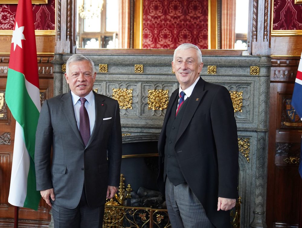 Jordan’s King Abdullah II meets with Speaker of the House of Commons Lindsay Hoyle in London on Thursday, Oct. 28, 2021. (Petra)