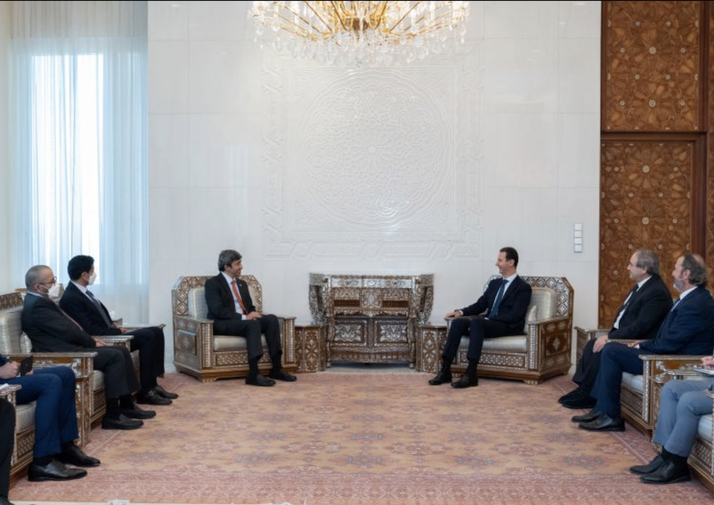 The UAE foreign minister met with Syria’s President Bashar Assad in Damascus Tuesday, according to Syrian state media. (SANA)