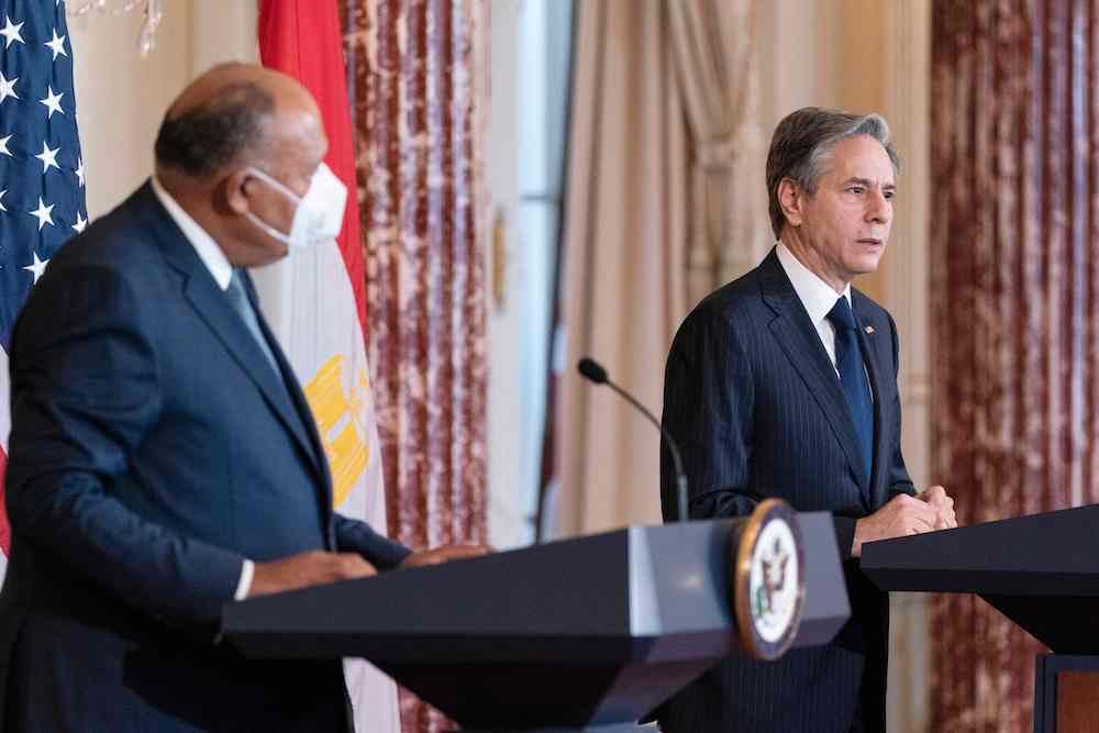 US Secretary of State Antony Blinken (R) speaks as Egyptian Foreign Minister Sameh Shoukry looks on during a US-Egypt strategic dialogue at the State Department in Washington D.C. (AFP)