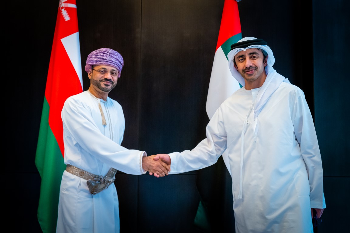 UAE Foreign Minister Sheikh Abdullah bin Zayed meets his Omani counterpart Sayyid Badr Al-Busaidi in Abu Dhabi. (WAM)