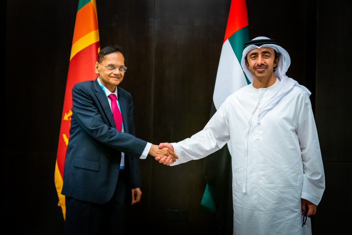 UAE Foreign Minister Sheikh Abdullah bin Zayed meets his Sri Lankan counterpart Gamini Lakshman Pierce in Abu Dhabi. (WAM)