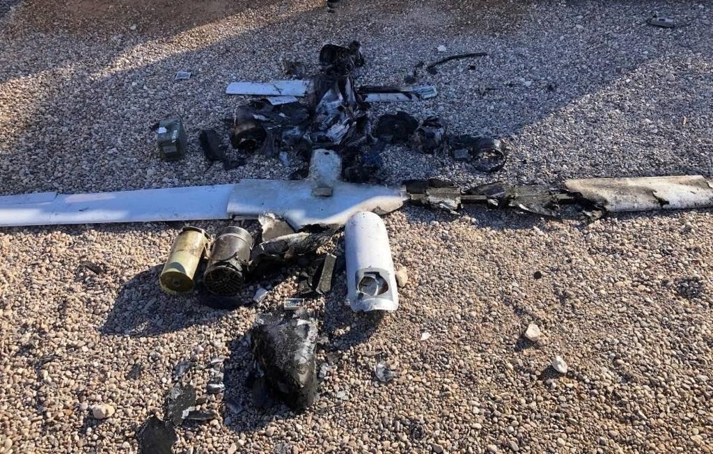 The remains of the wreckage of a drone that was shot down are seen at Ain Al-Asad air base in Anbar province, Iraq January 4, 2022. (Reuters via Iraqi Media Security Cell)