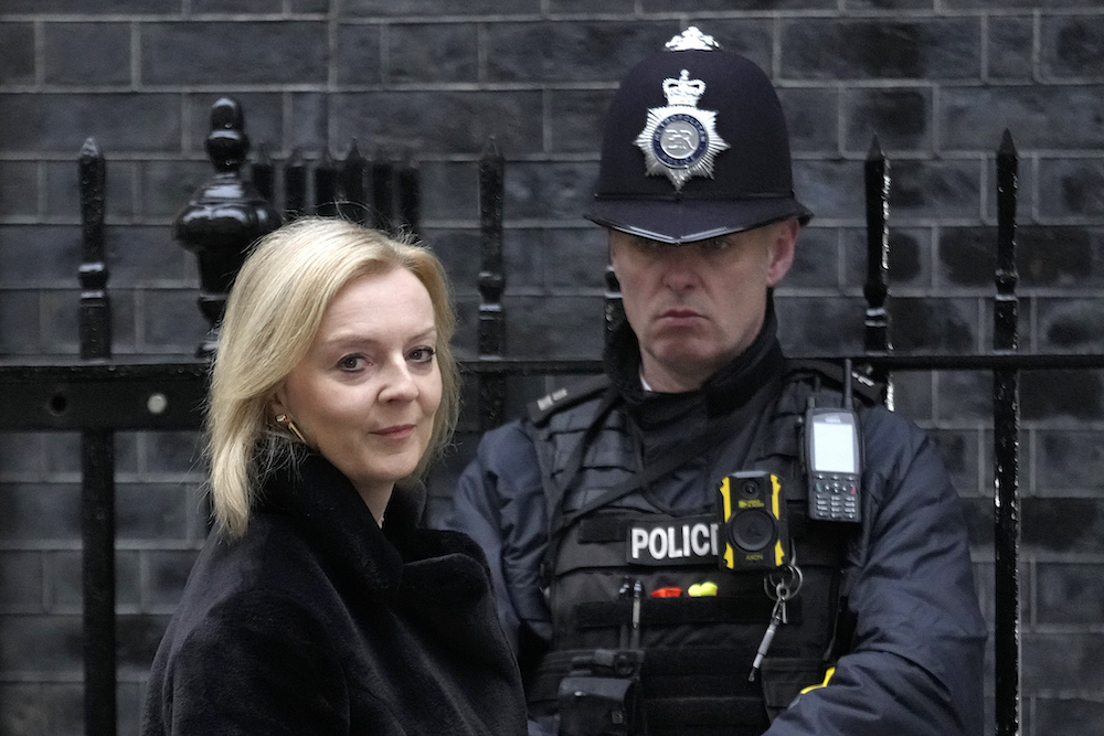 Britain’s Foreign Secretary Liz Truss arrives to attend a cabinet meeting in Downing Street, London, Tuesday, Jan. 25, 2022. (AP)