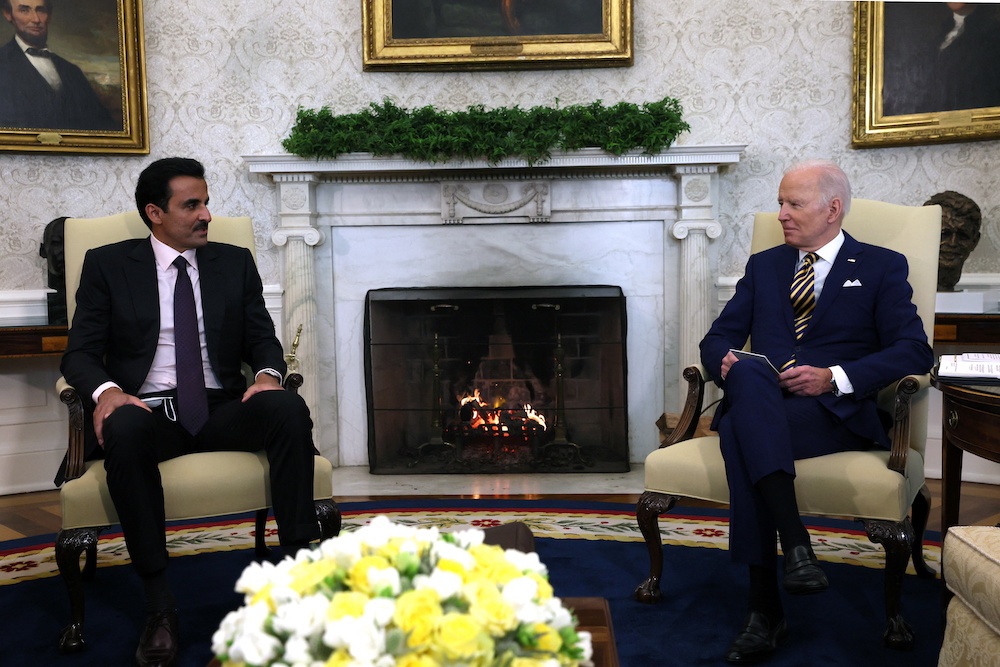 US President Joe Biden holds a bilateral meeting with Qatar’s Emir Sheikh Tamim bin Hamad Al-Thani in the Oval Office at the White House in Washington, US, Jan. 31, 2022. (Reuters)